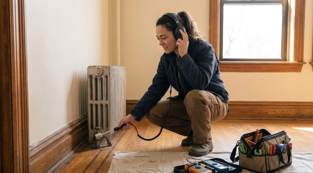Professional technician performing hidden water leak detection in a Manhattan apartment