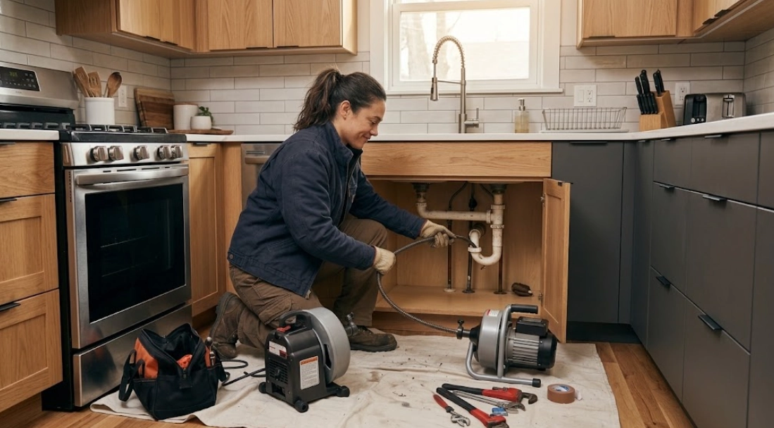 Kitchen sink drain cleaning, mechanical snaking, and grease clog clearing in an apartment