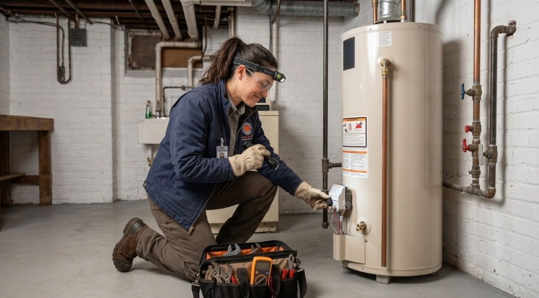 Technician testing a residential water heater for water heater repair in SoHo and Tribeca Manhattan